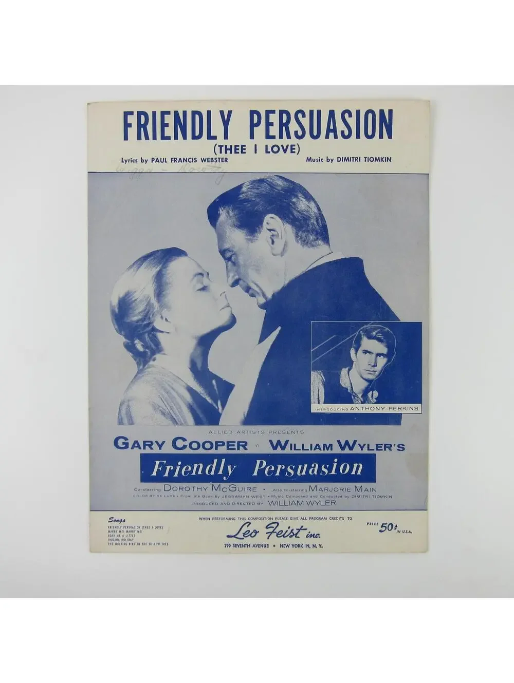 Sheet Music Friendly Persuasion Thee I Love Gary Cooper Dorothy McGuire 1956